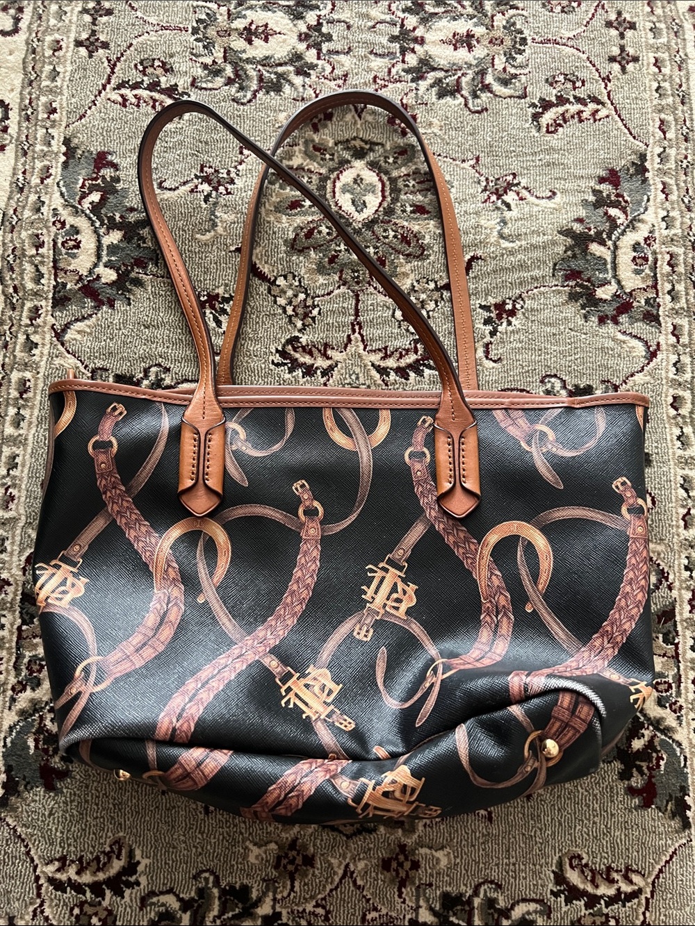 Ralph Lauren Belting-Print Caldwell Equestrian Devyn Tote Bag Purse Black